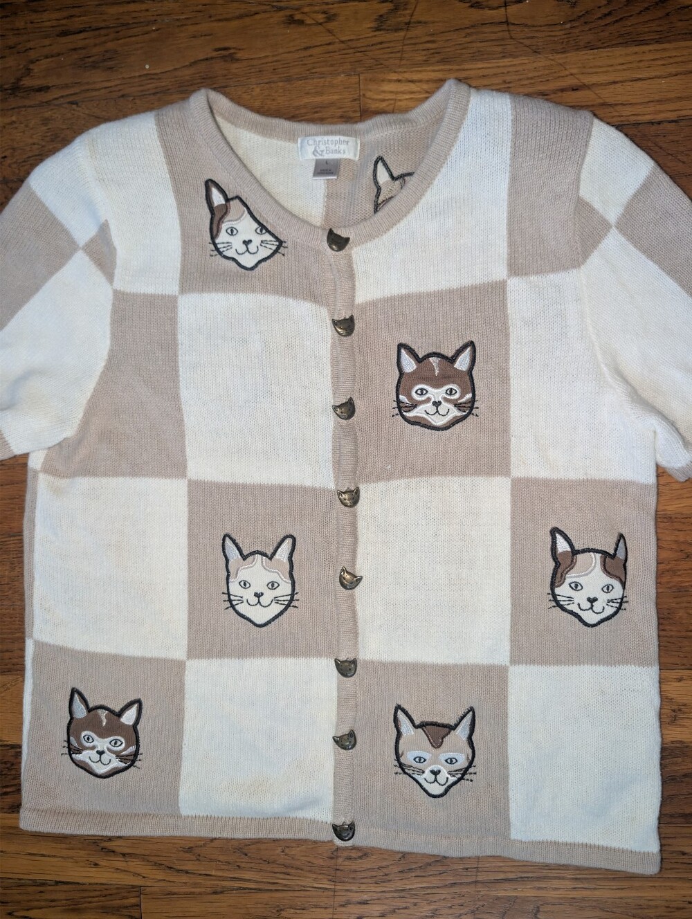 Christopher & Banks Cat Kitty Checkered Cardigan Sweater Size Woman's Large - Picture 2 of 3